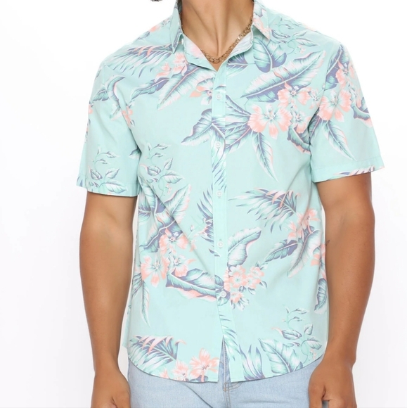 Fashion Nova Men Ocean Side Floral Short Sleeve Botton Down Shirt - Aqua - Picture 2 of 8